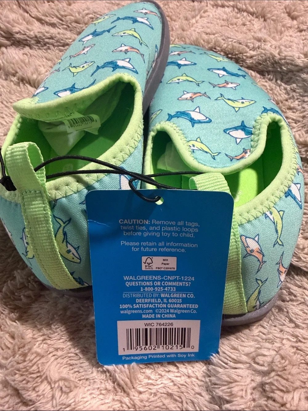 Bring on the Sun Toddler Water Shoes in Aqua Shark Print - Large 9/10
